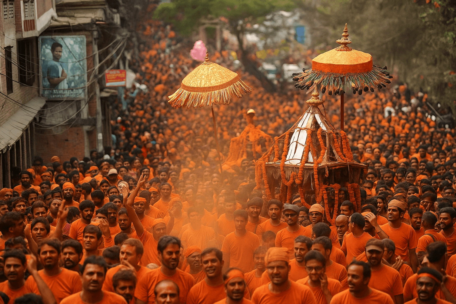 Crowd movement and ritual procession around khat structures.